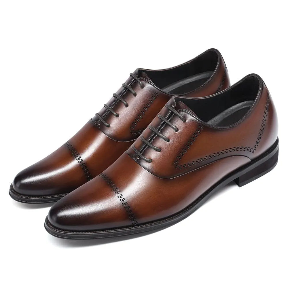 8 CM / 3.15 Inches CMR CHAMARIPA Brown Leather Height Increasing Shoes for Men - Elevator Heels Oxford Shoes