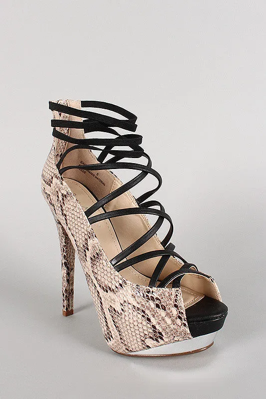 Anne Michelle Snake Elastic Strap Open Toe Platform Pump