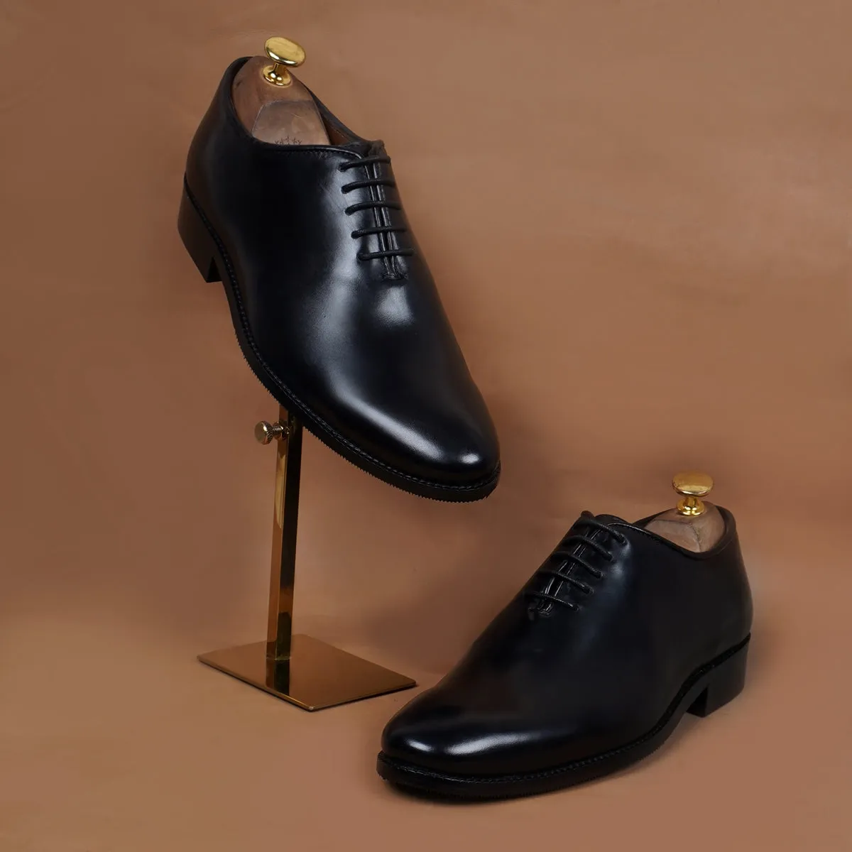 Black Hand Painted Leather Handmade Whole Cut/One-Piece Oxford Shoes For Men by Brune & Bareskin