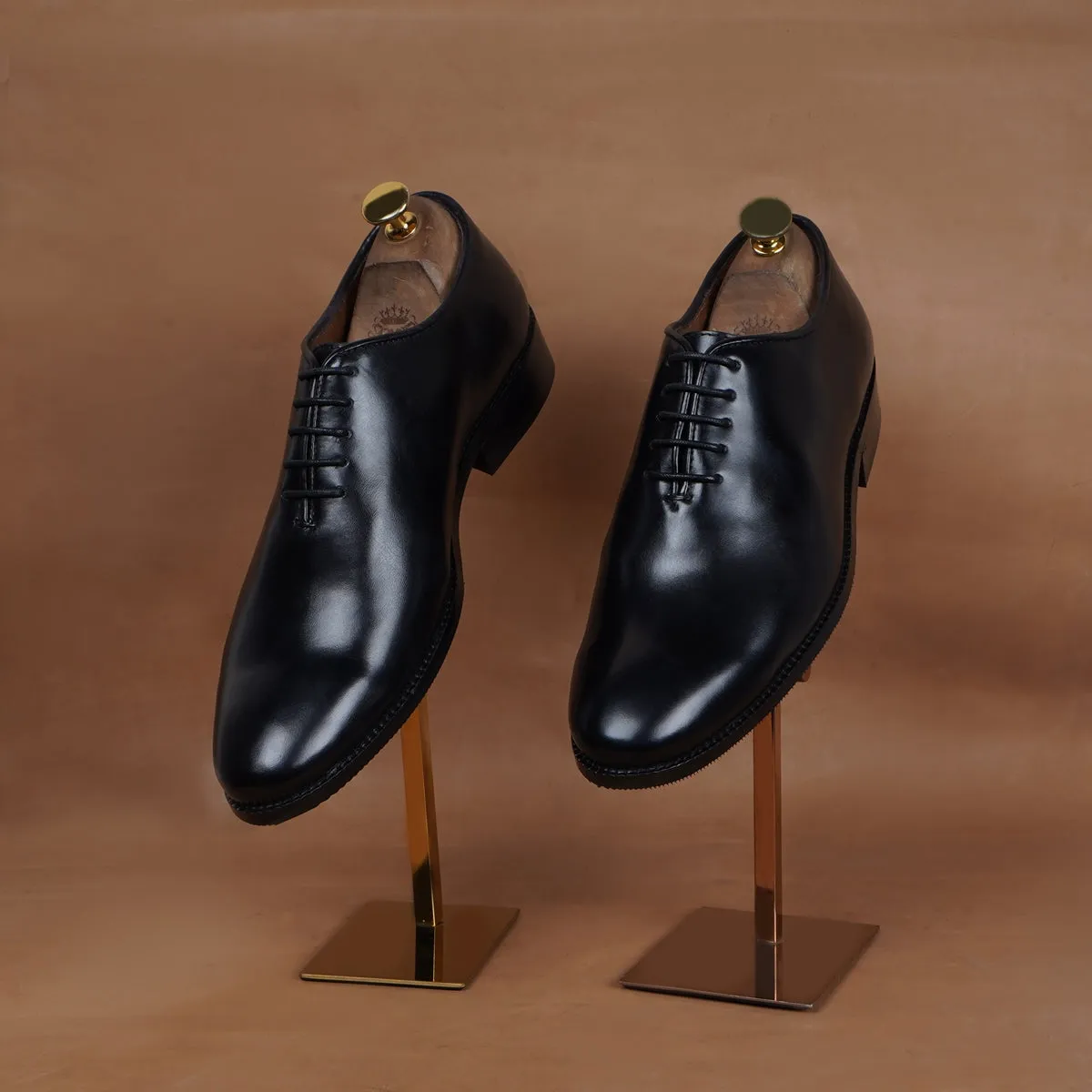 Black Hand Painted Leather Handmade Whole Cut/One-Piece Oxford Shoes For Men by Brune & Bareskin