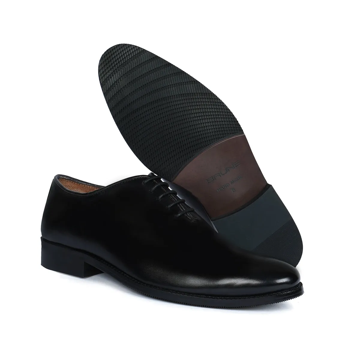 Black Hand Painted Leather Handmade Whole Cut/One-Piece Oxford Shoes For Men by Brune & Bareskin