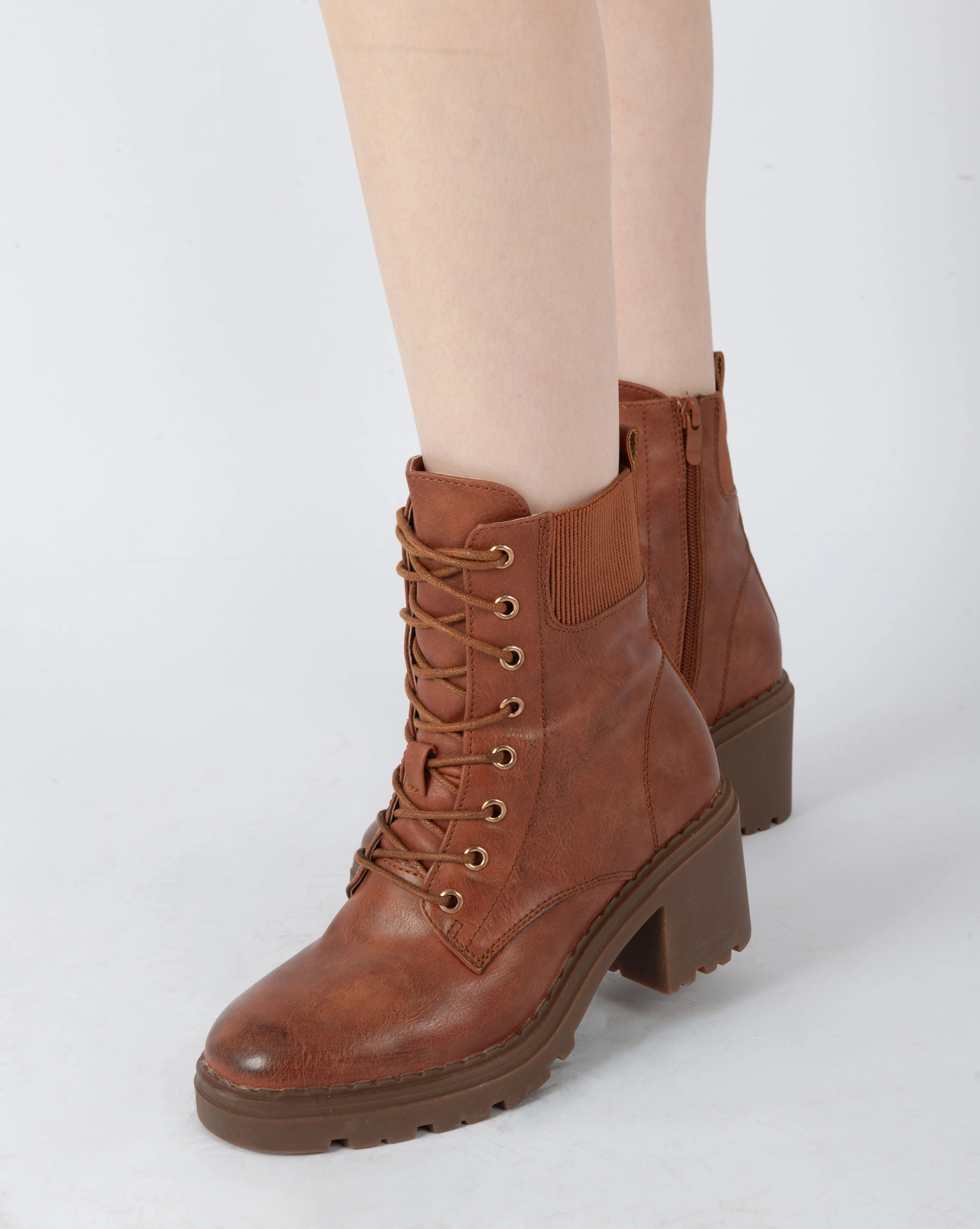 Block Heel Combat Boots - Camel