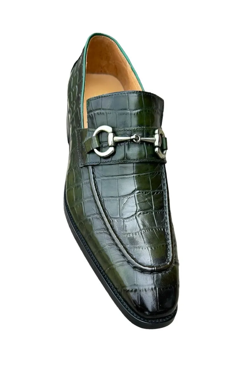 Carrucci Olive Embossed Leather Men's Dress Shoes Silver Buckle