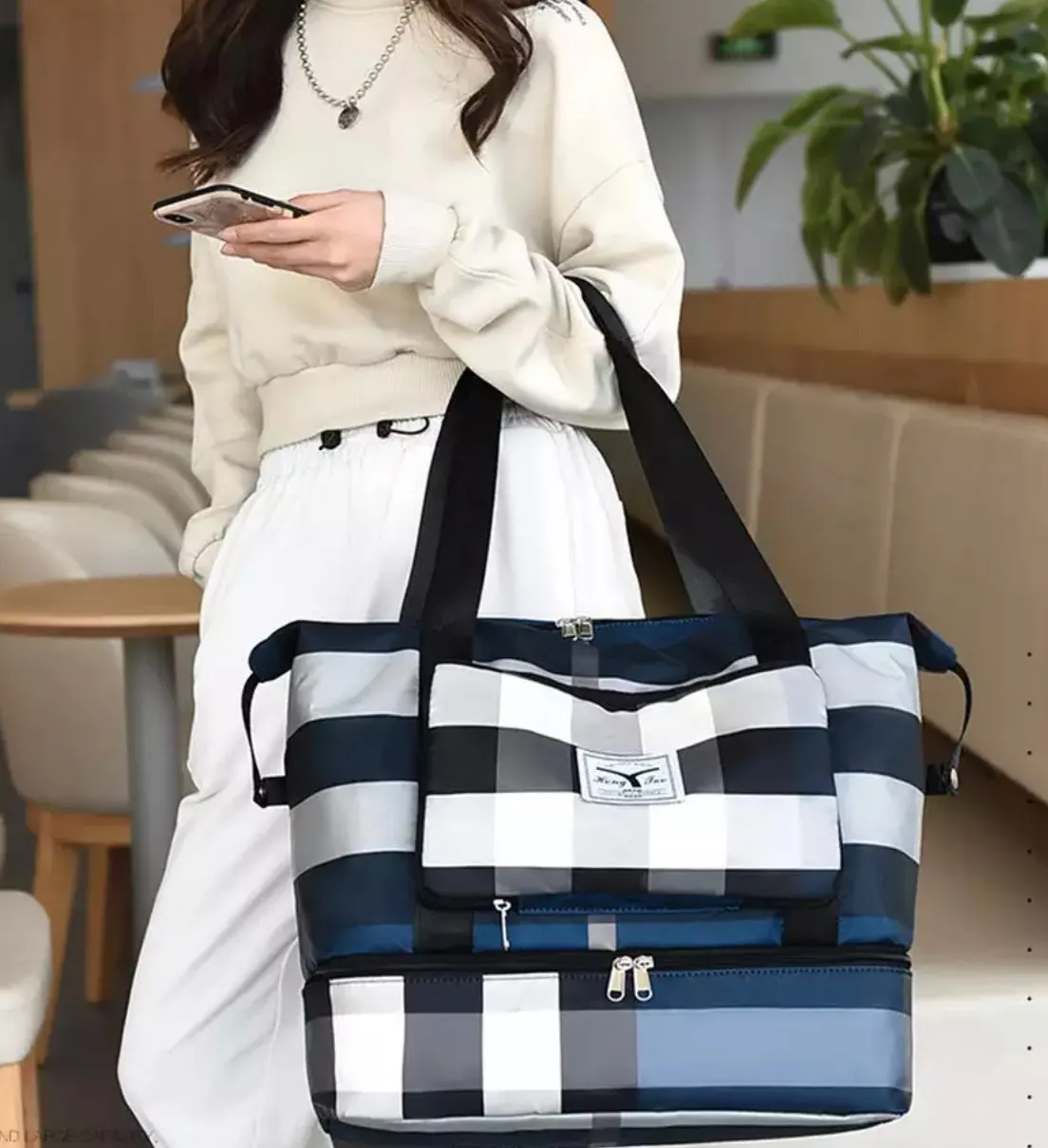 Classic Blue Plaid Lightweight Carryon Travel Bag