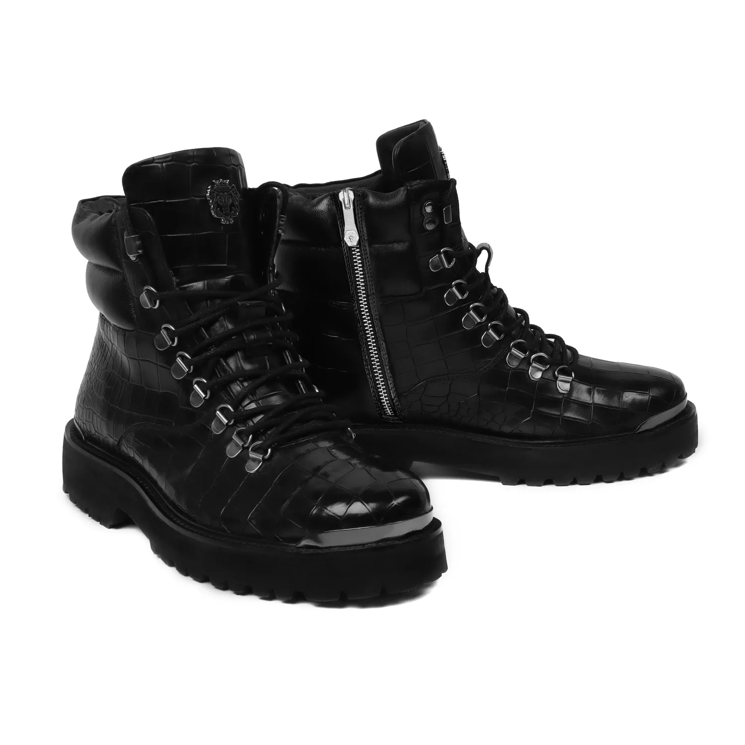 Deep Cut Leather Black Chunky Boot with Zip Closure