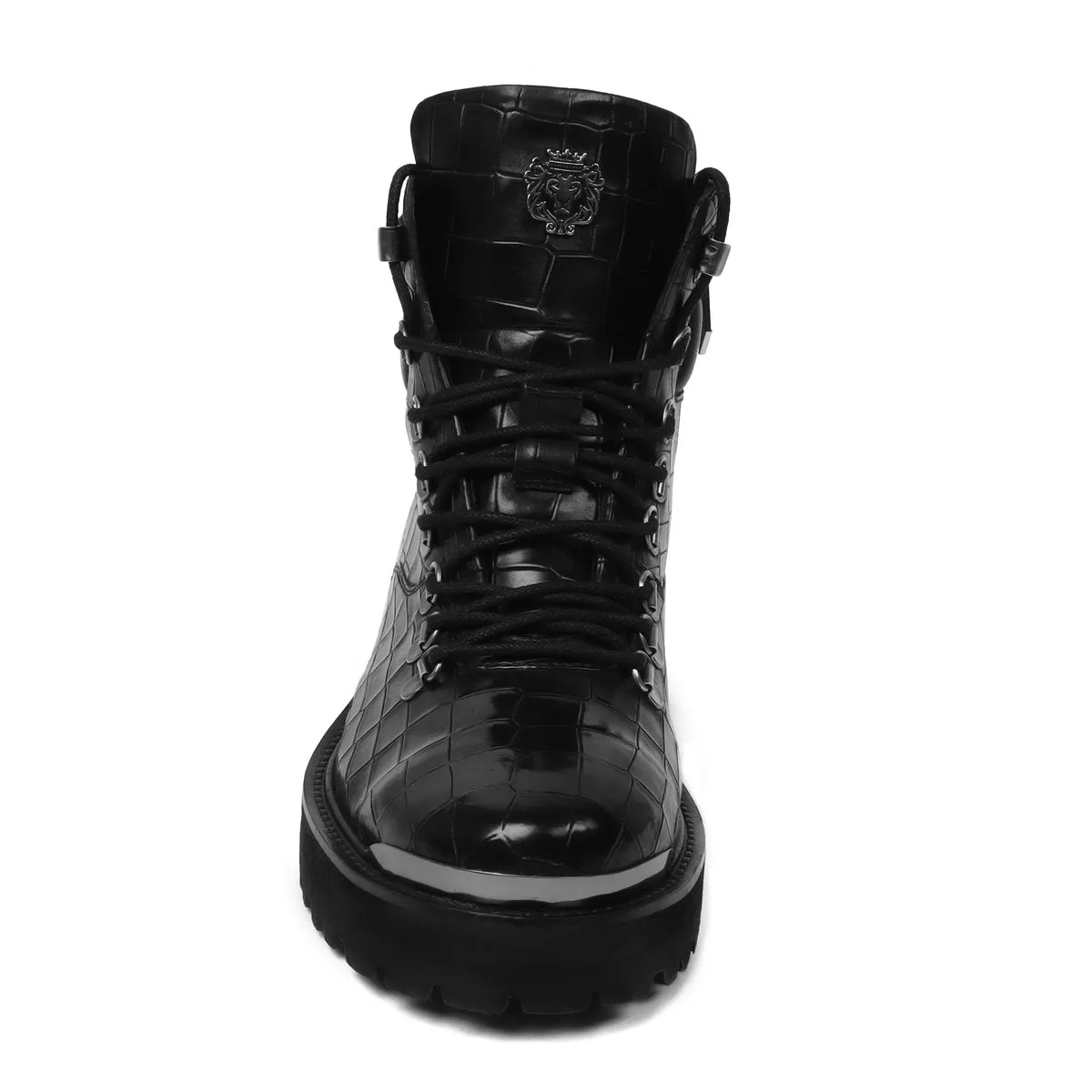 Deep Cut Leather Black Chunky Boot with Zip Closure