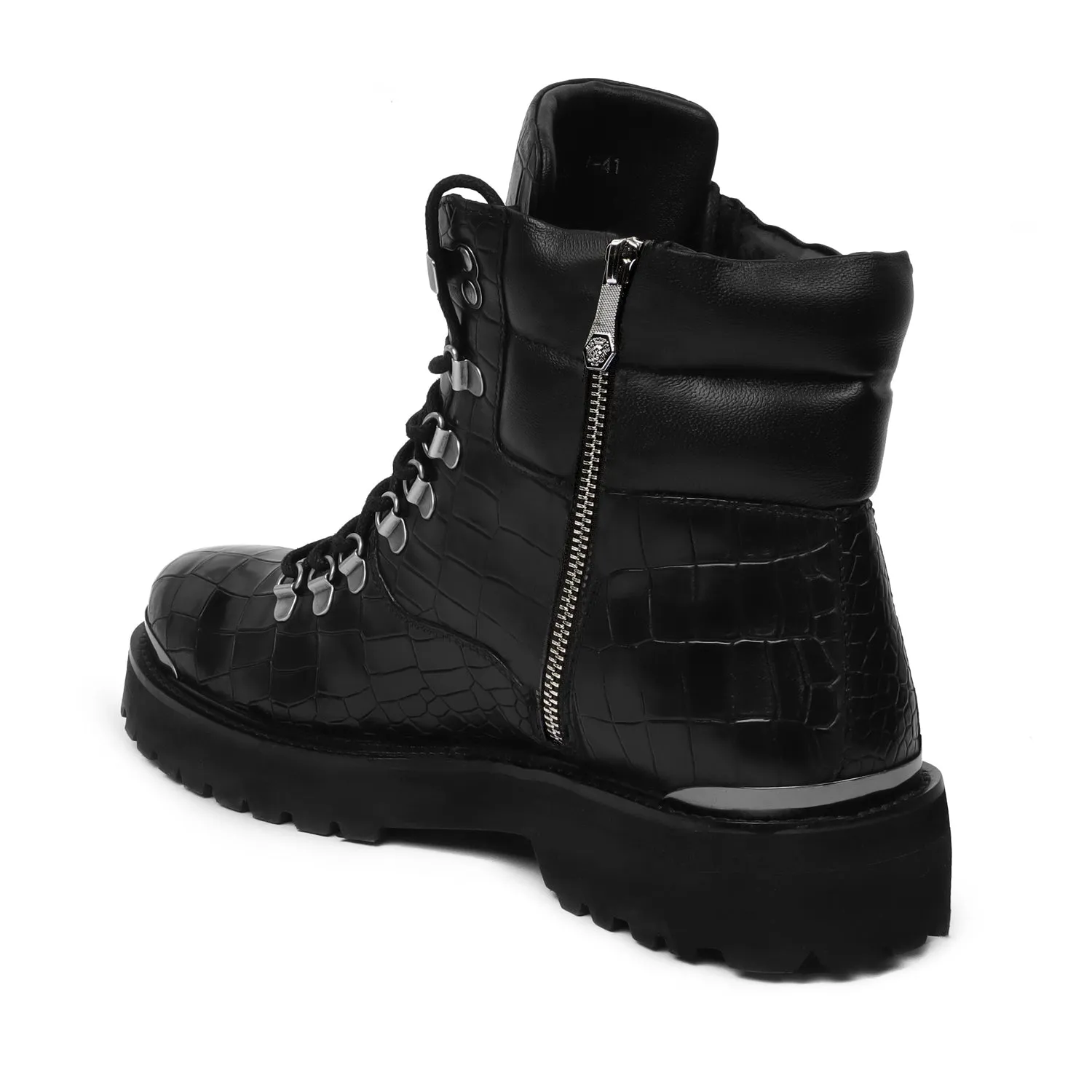 Deep Cut Leather Black Chunky Boot with Zip Closure