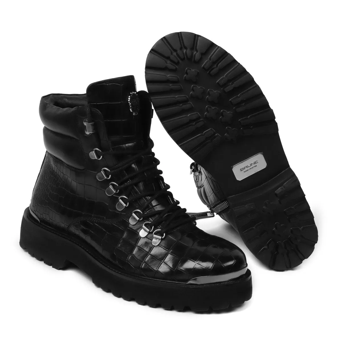 Deep Cut Leather Black Chunky Boot with Zip Closure