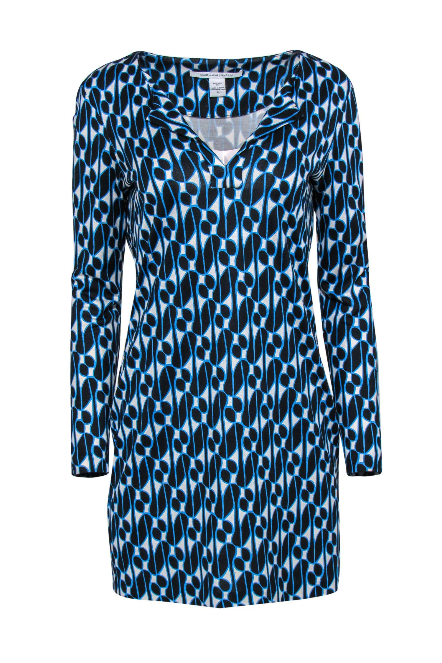 Diane von Furstenberg - Blue & White Patterned Long Sleeve Silk Dress Sz 8