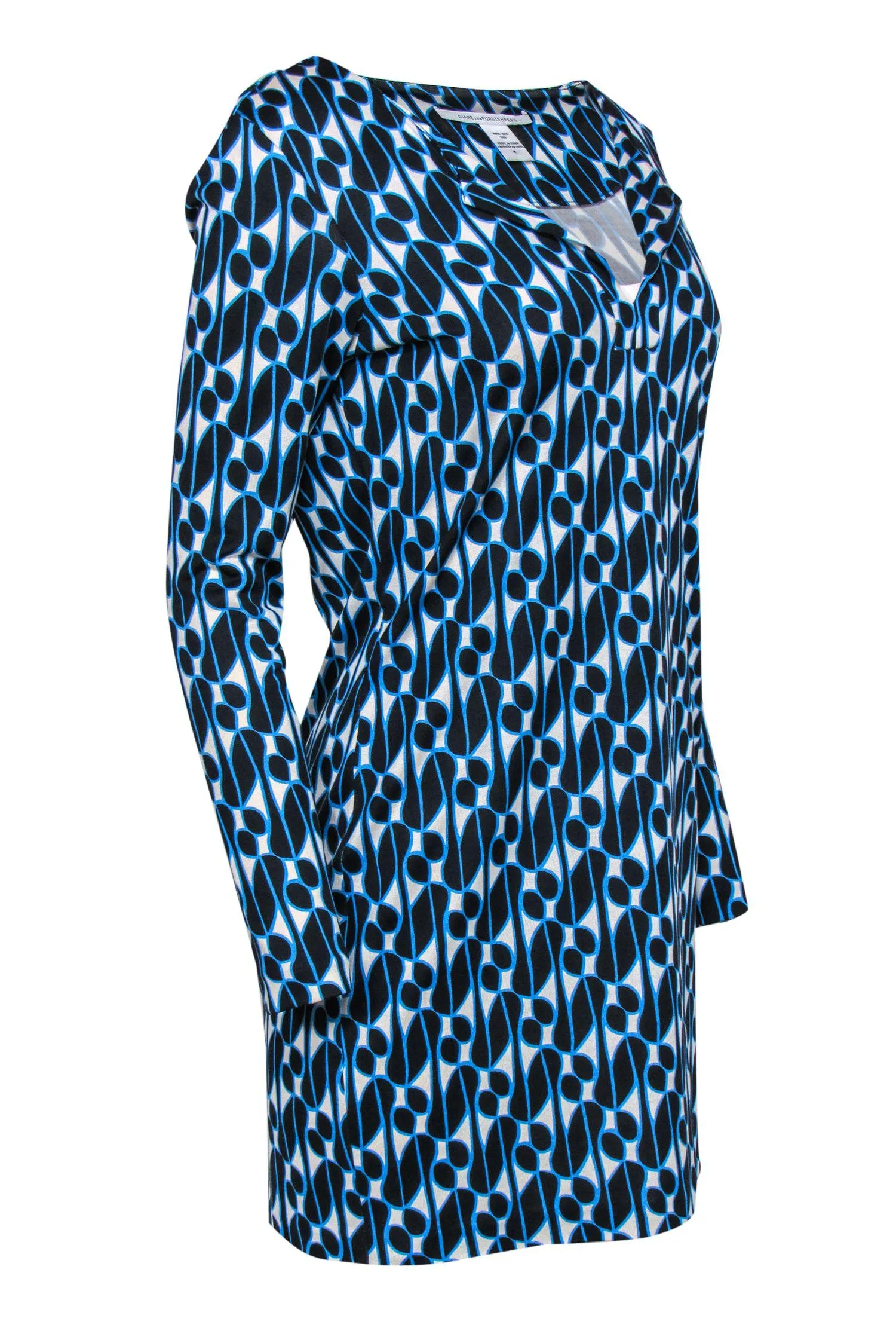 Diane von Furstenberg - Blue & White Patterned Long Sleeve Silk Dress Sz 8