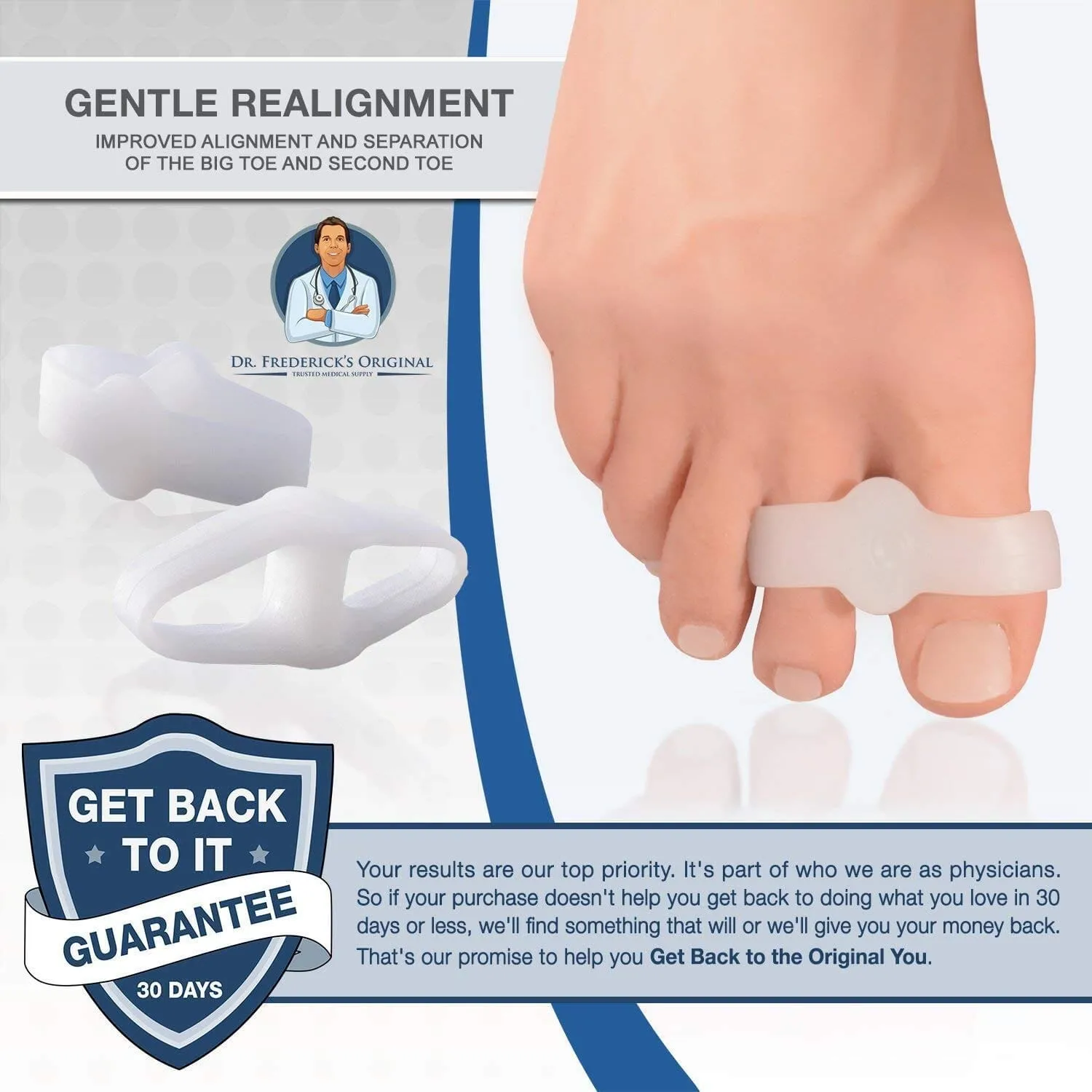 Dr. Frederick's Original Sport Bunion Toe Spacer Set - 4Pcs - Soft Gel Splints - One Size Fits All - Fast Relief - Wear with Shoes - for Men & Women