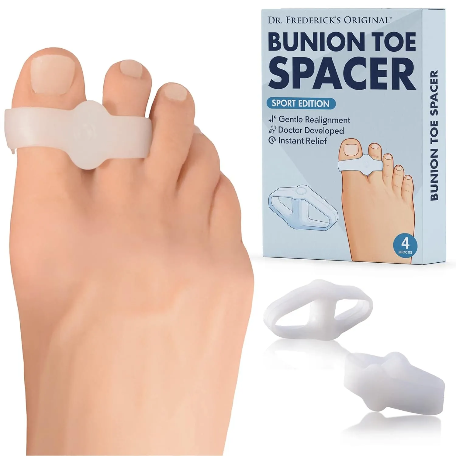 Dr. Frederick's Original Sport Bunion Toe Spacer Set - 4Pcs - Soft Gel Splints - One Size Fits All - Fast Relief - Wear with Shoes - for Men & Women