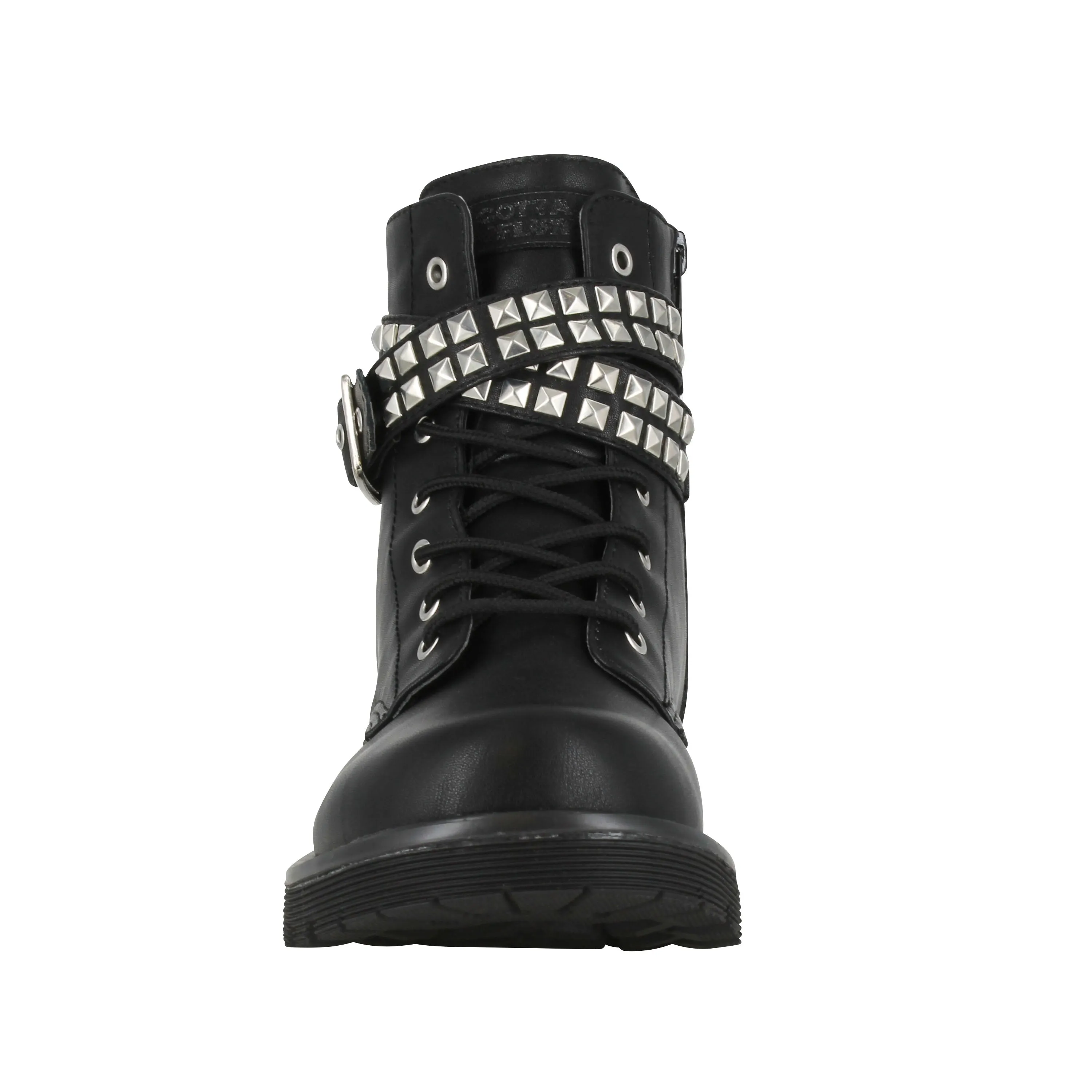 Gotta Flurt Women's Lani Black Faux Leather Combat Boot With Side Zipper & Metal Stud Belt