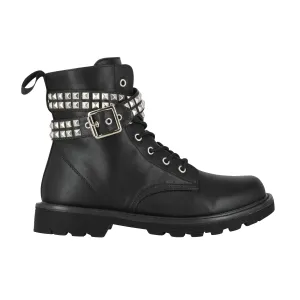 Gotta Flurt Women's Lani Black Faux Leather Combat Boot With Side Zipper & Metal Stud Belt