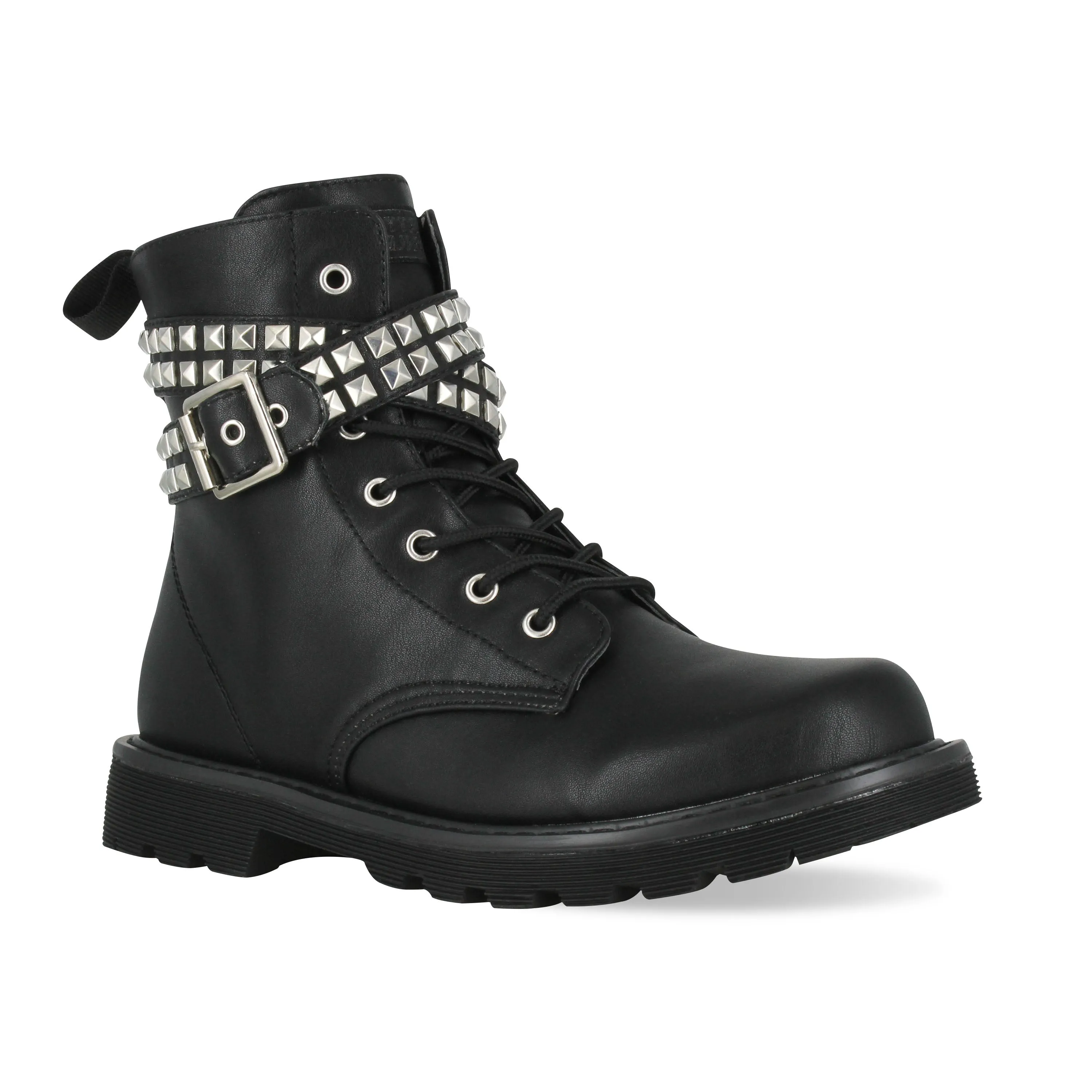 Gotta Flurt Women's Lani Black Faux Leather Combat Boot With Side Zipper & Metal Stud Belt