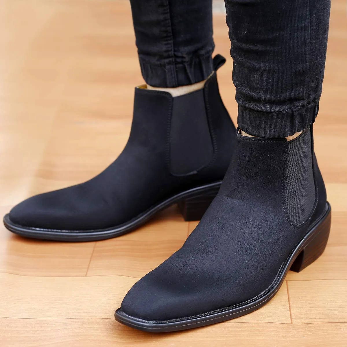 Height Increasing Suede Material Black Casual Chelsea Boots For Men-JonasParamount