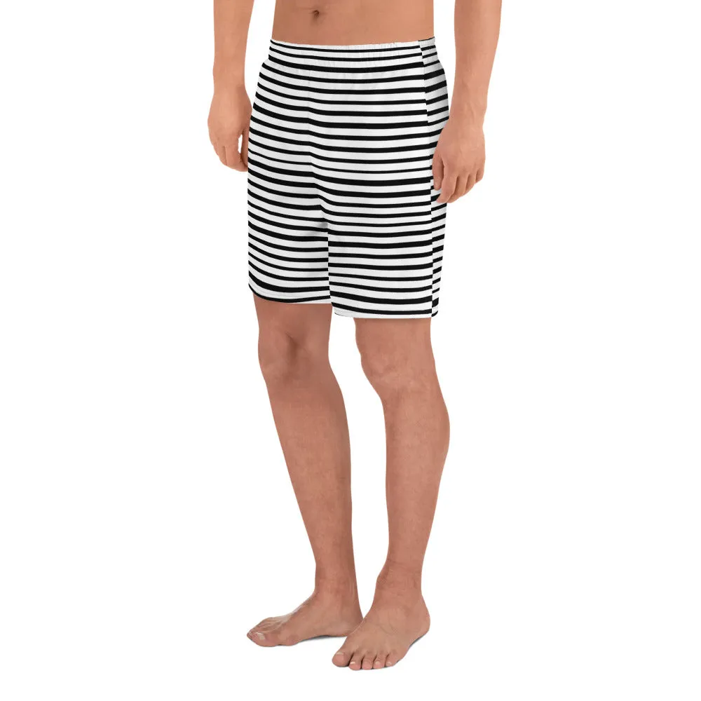 Horizontal Black Striped Shorts, White Stripe Print Men's Athletic Long Fitness Workout Shorts- Made in USA/MX/EU