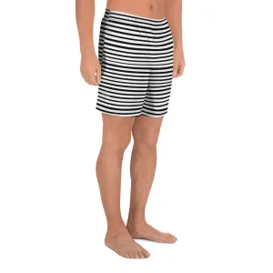 Horizontal Black Striped Shorts, White Stripe Print Men's Athletic Long Fitness Workout Shorts- Made in USA/MX/EU