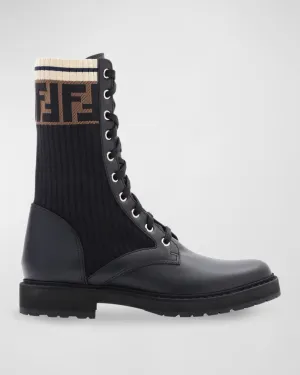 Leather combat boots with cuff FF Fendi