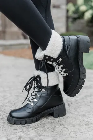 Lizzie Black Fur Detail Combat Boots FINAL SALE