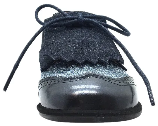 Manuela de Juan Boy's & Girl's Fringe Navy Blue Sparkle Tri-Color Leather Lace Up Oxford Shoes