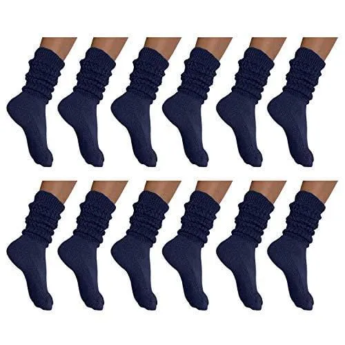 MDR Distirbutors Women's Extra Long & Heavy Slouch Cotton Wear at any Length Socks Made in USA 12 Pairs Size 9 to 11