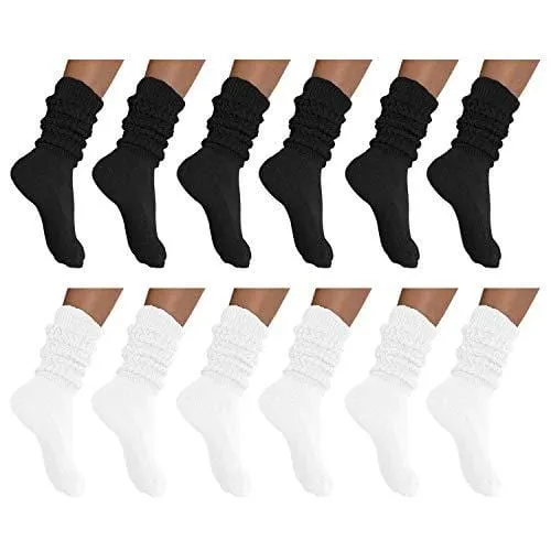 MDR Distirbutors Women's Extra Long & Heavy Slouch Cotton Wear at any Length Socks Made in USA 12 Pairs Size 9 to 11