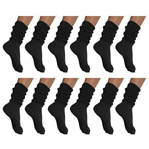 MDR Distirbutors Women's Extra Long & Heavy Slouch Cotton Wear at any Length Socks Made in USA 12 Pairs Size 9 to 11