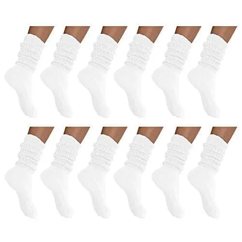 MDR Distirbutors Women's Extra Long & Heavy Slouch Cotton Wear at any Length Socks Made in USA 12 Pairs Size 9 to 11