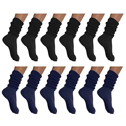 MDR Distirbutors Women's Extra Long & Heavy Slouch Cotton Wear at any Length Socks Made in USA 12 Pairs Size 9 to 11