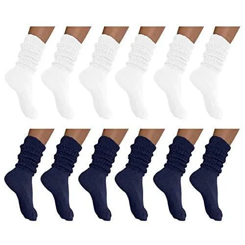 MDR Distirbutors Women's Extra Long & Heavy Slouch Cotton Wear at any Length Socks Made in USA 12 Pairs Size 9 to 11