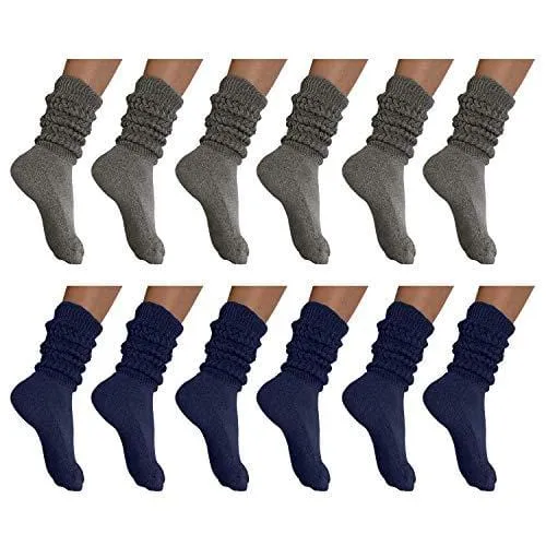 MDR Distirbutors Women's Extra Long & Heavy Slouch Cotton Wear at any Length Socks Made in USA 12 Pairs Size 9 to 11