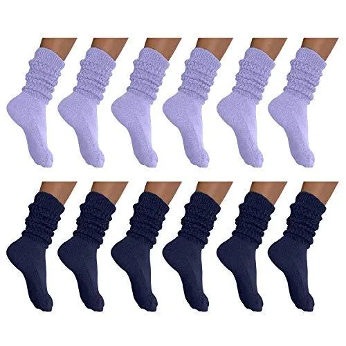 MDR Distirbutors Women's Extra Long & Heavy Slouch Cotton Wear at any Length Socks Made in USA 12 Pairs Size 9 to 11