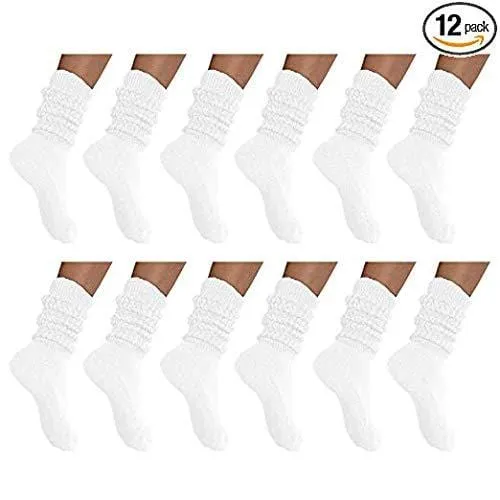 MDR Distirbutors Women's Extra Long & Heavy Slouch Cotton Wear at any Length Socks Made in USA 12 Pairs Size 9 to 11