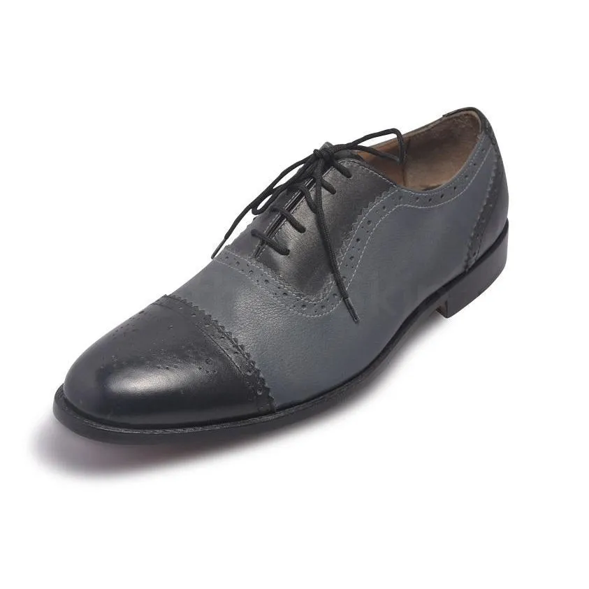 Men Oxford Brogue Cap Toe Two Tone Genuine Leather Shoes