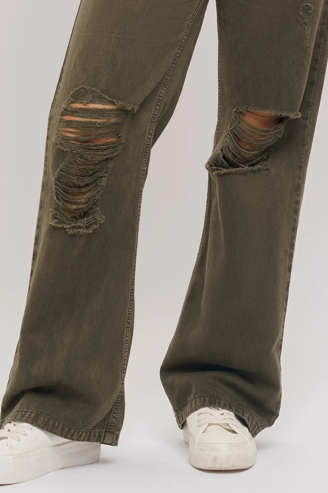 Olive Distressed Wide Jeans