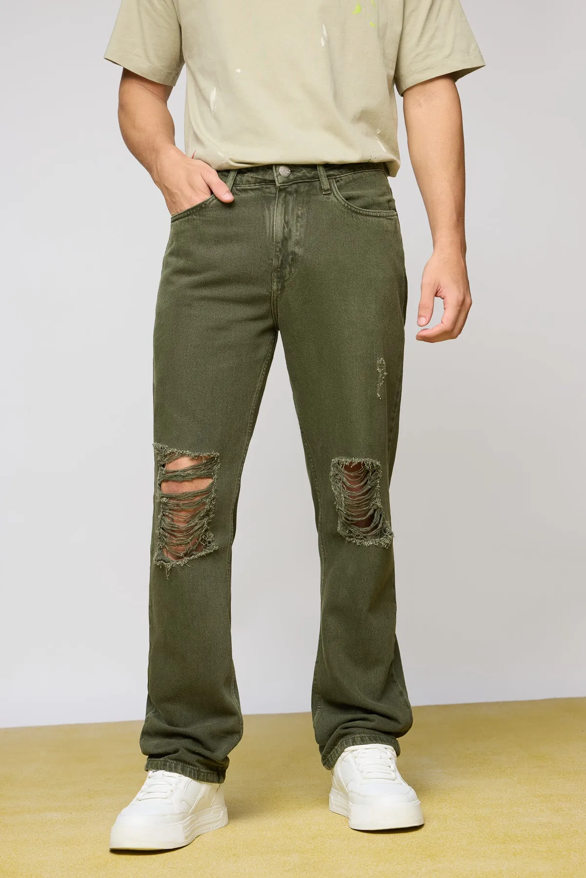 Olive Nomad Distressed Men's Wide Leg Jeans