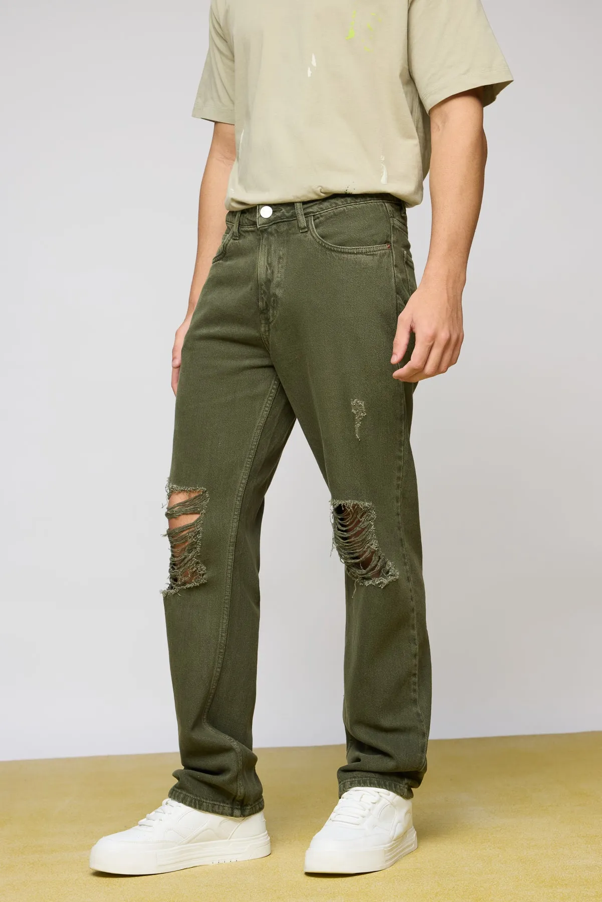 Olive Nomad Distressed Men's Wide Leg Jeans