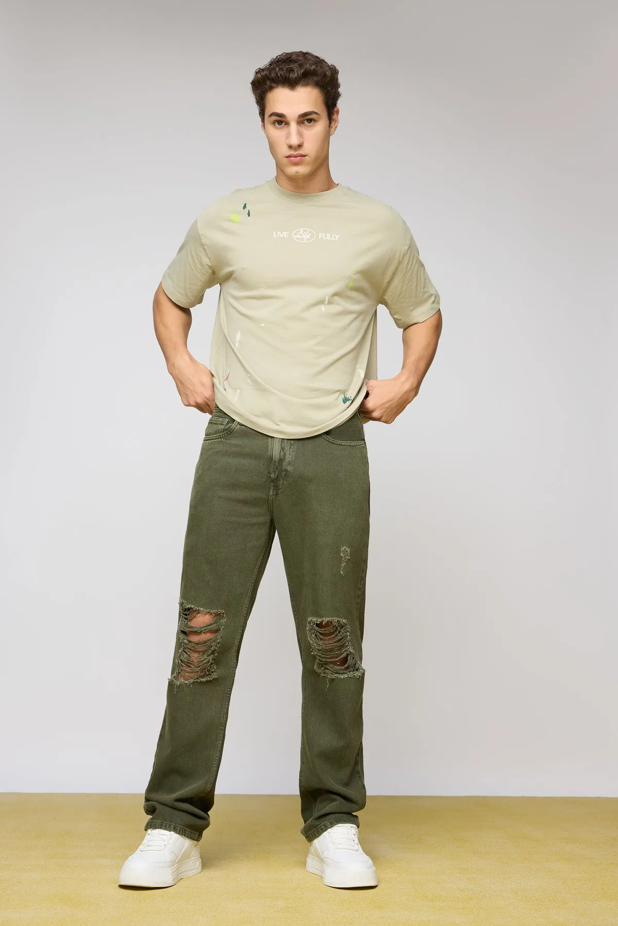 Olive Nomad Distressed Men's Wide Leg Jeans