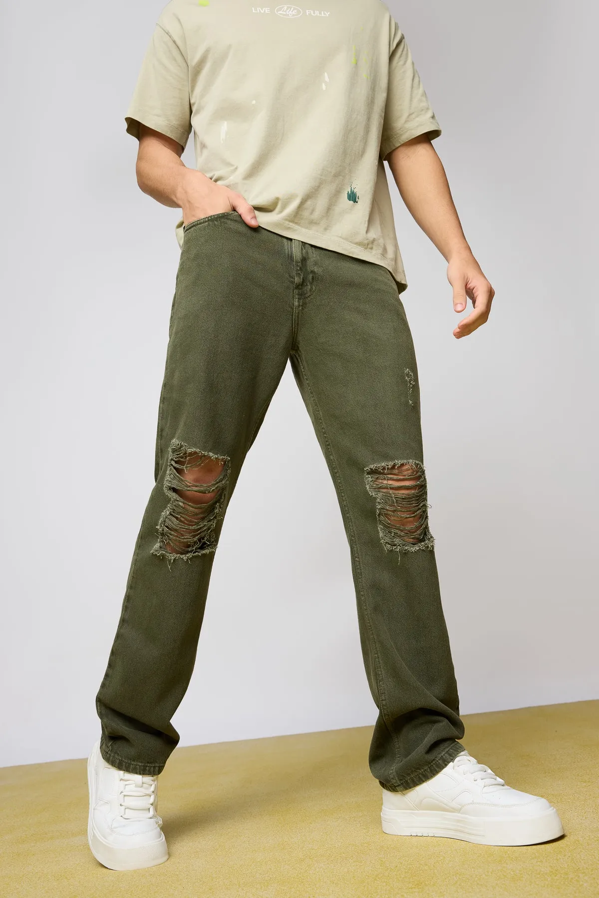 Olive Nomad Distressed Men's Wide Leg Jeans