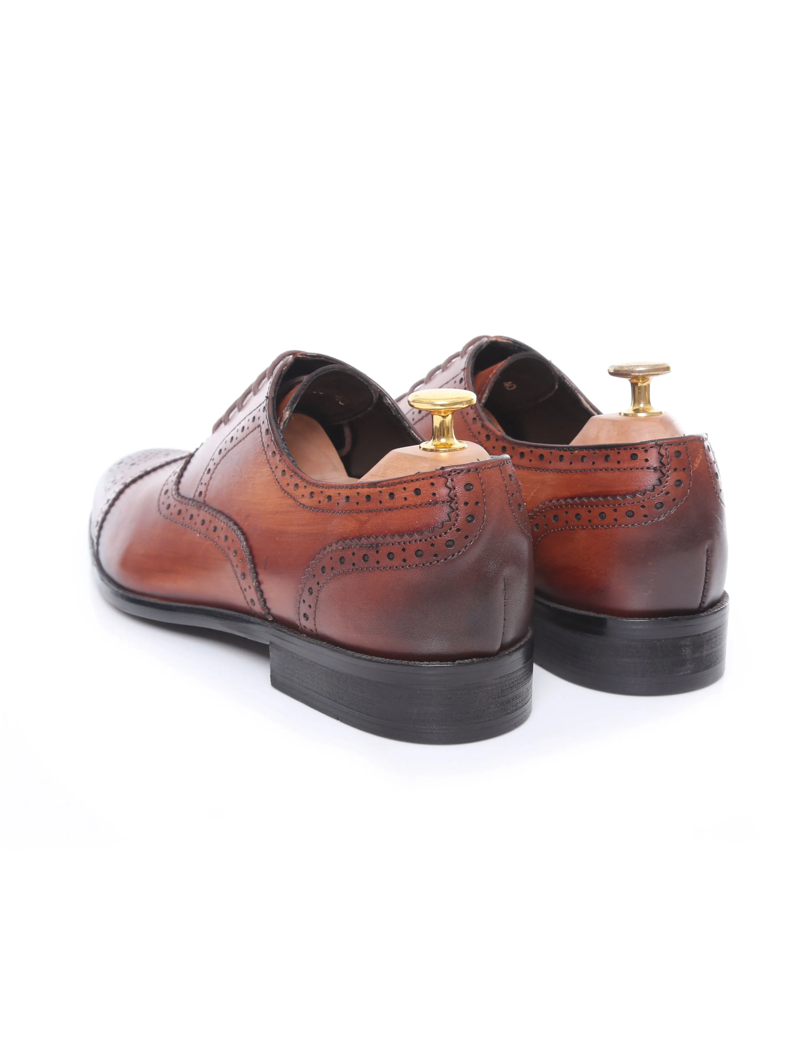 Oxford Cap Toe - Cognac Tan Semi Brogue Lace Up (Hand Painted Patina)