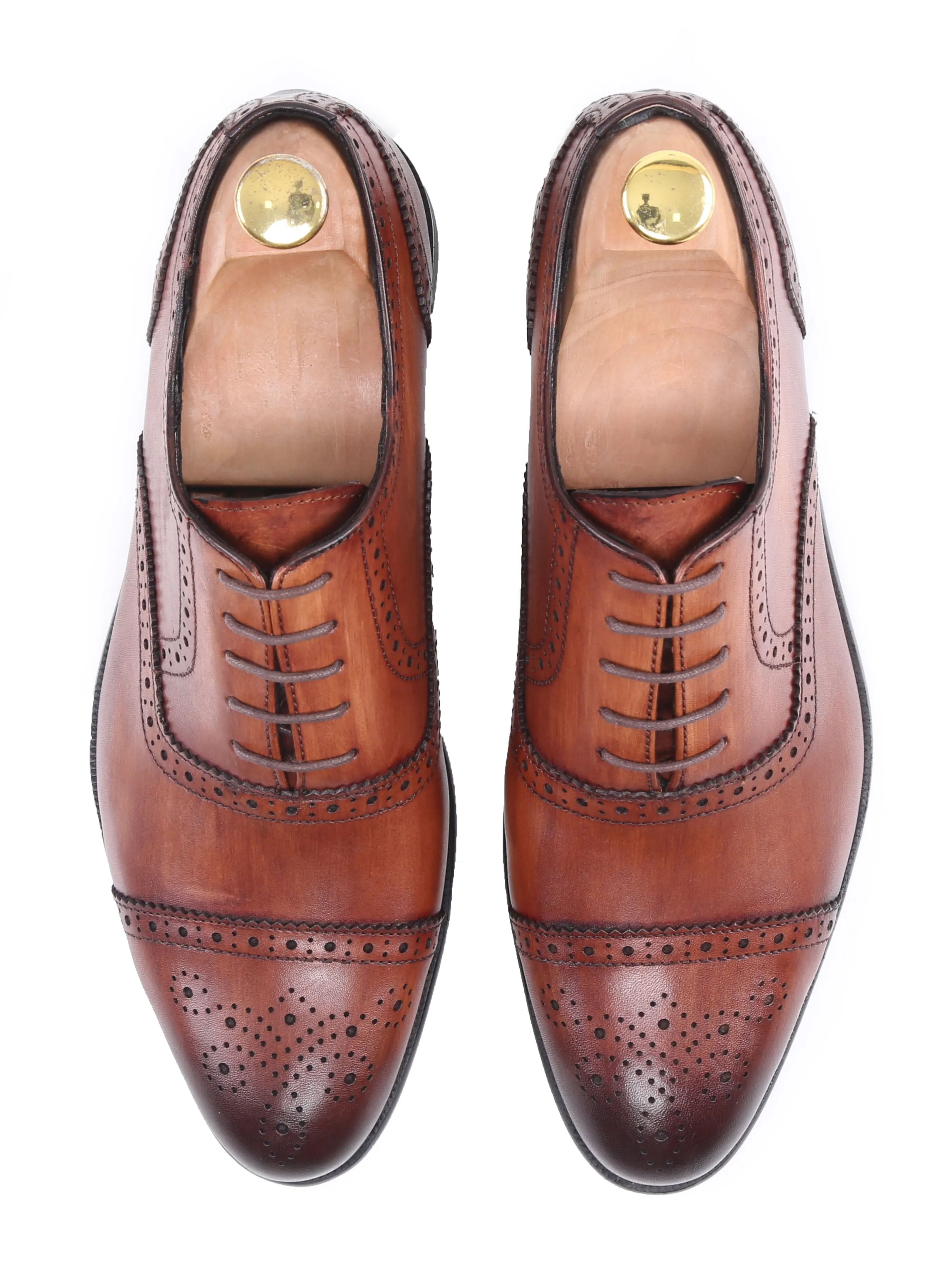 Oxford Cap Toe - Cognac Tan Semi Brogue Lace Up (Hand Painted Patina)