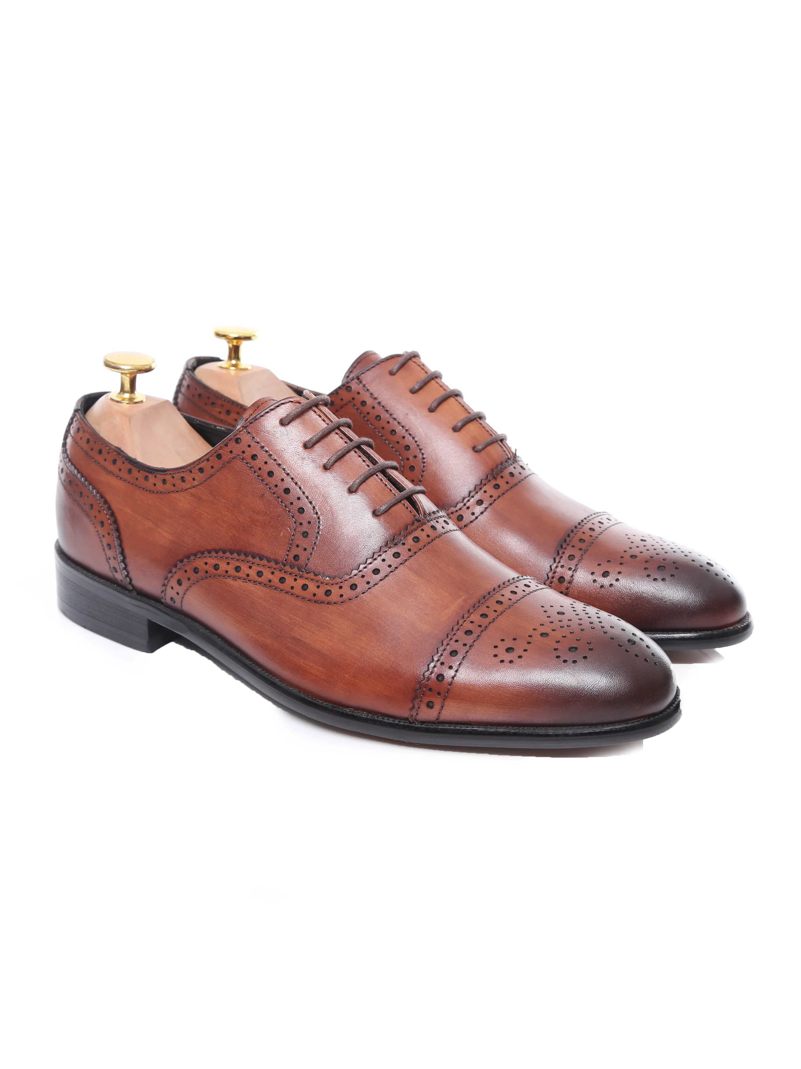 Oxford Cap Toe - Cognac Tan Semi Brogue Lace Up (Hand Painted Patina)