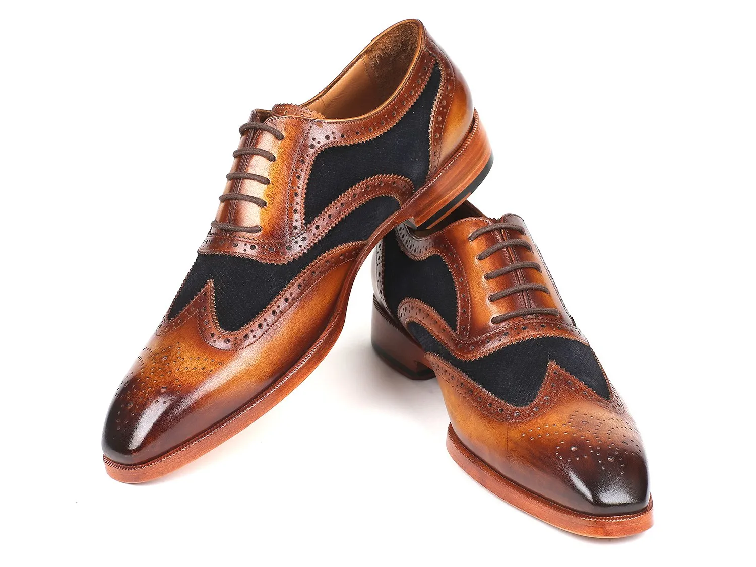 Paul Parkman Brown Leather & Suede Wingtip Oxfords in Brown & Navy