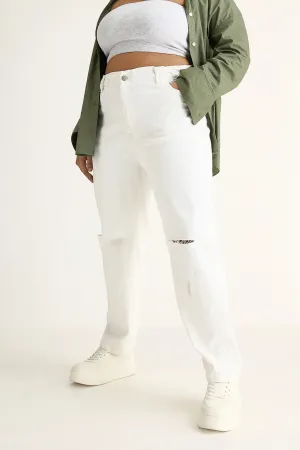 Pearl White Torn Knee Mom Jeans