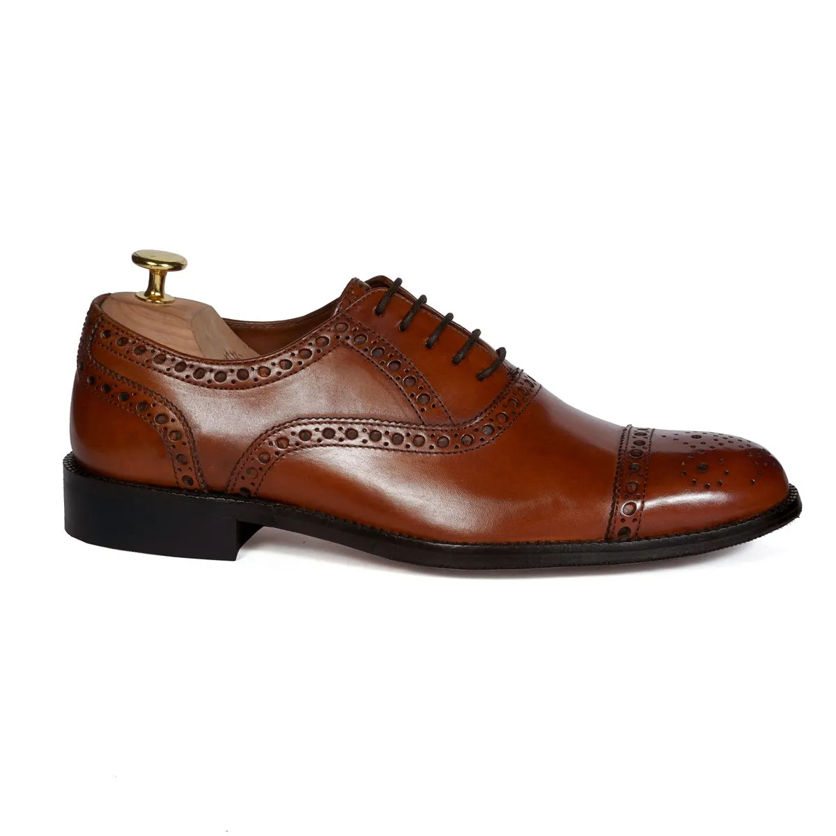 Punching Brogue Oxford Lace-Up Shoe For Men in Genuine Tan Leather