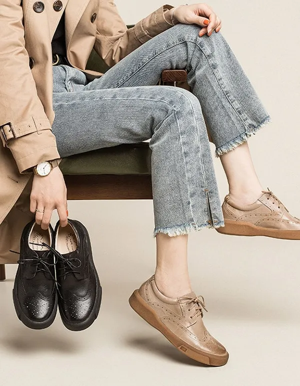 Real Leather Casual Brogue Style Oxford Shoes Women