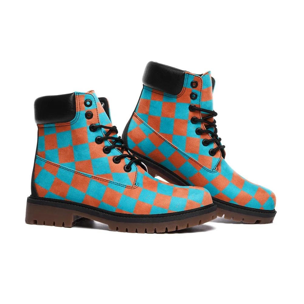 Retro Checkered Combat Boots Faux Leather