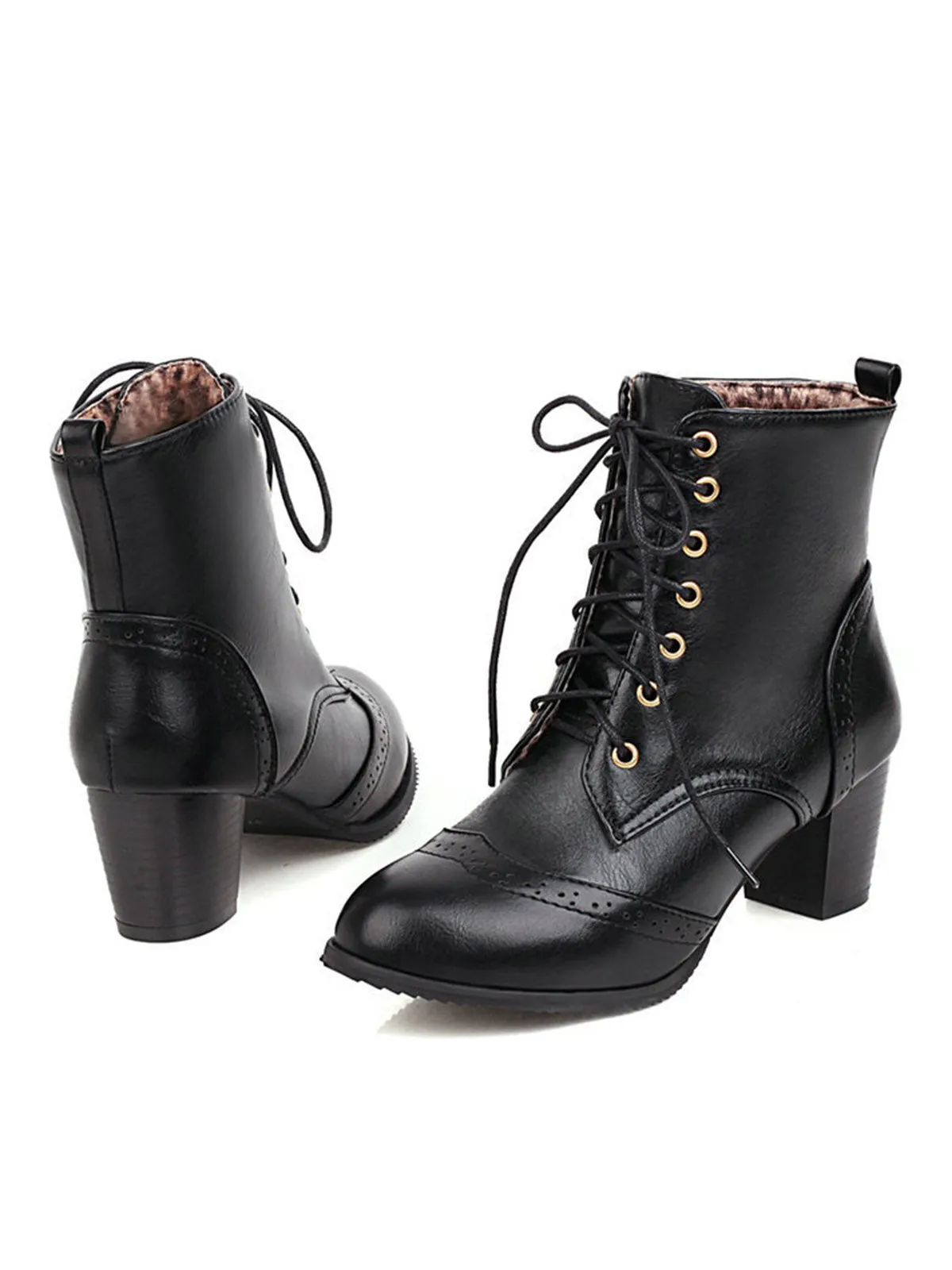 Retro Leather Medium Heel Lace-Up Combat Boots