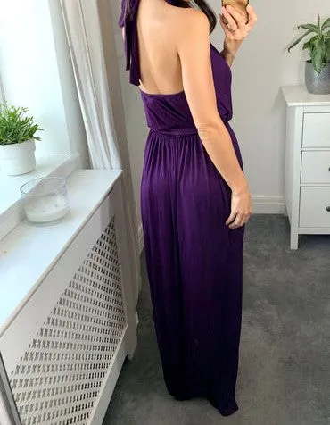 Signage Halter Neck Split Leg Maxi Dress With Belt - Purple